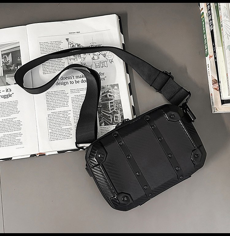 Luxury Brand Designer Bag Carbon Fiber Small Square Bag With Rivets, Box Bag, 2025 New Model, Wide Shoulder Strap, Crossbody, Hard Shell, Structured B