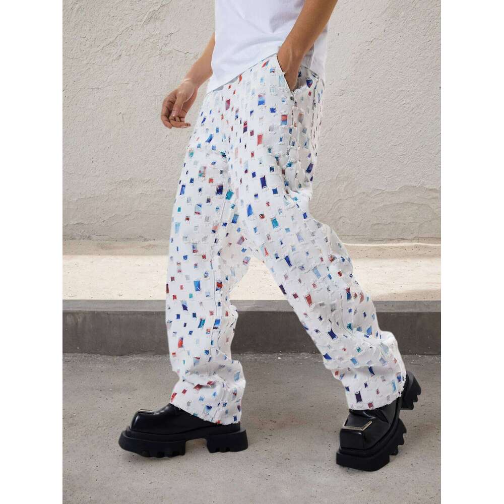 Straight Leg Streetwear White Baggy Jeans for Men Loose Fit Denim Pants Mid Waist Trousers