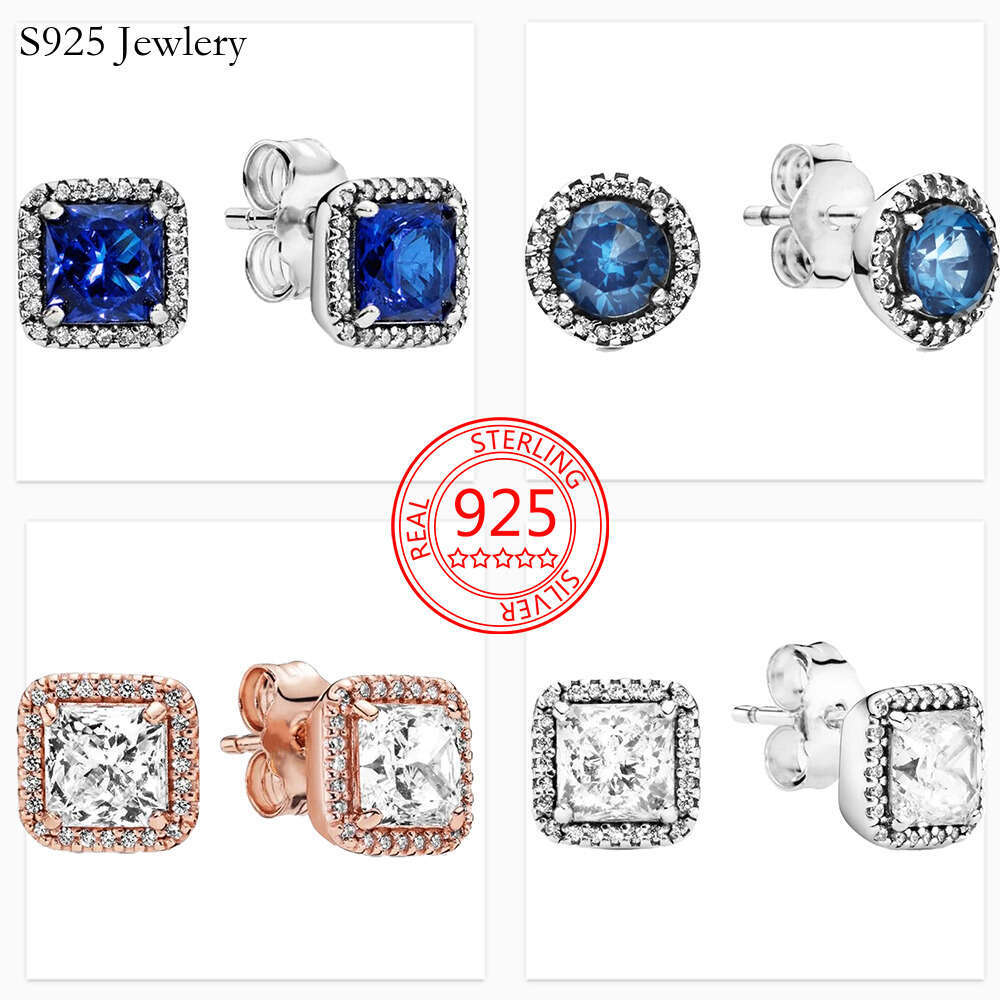 The New Fashion 925 Sterling Silver Blue Zircon Earrings Square Aura Classic Female Delicate Jewelry Accessories