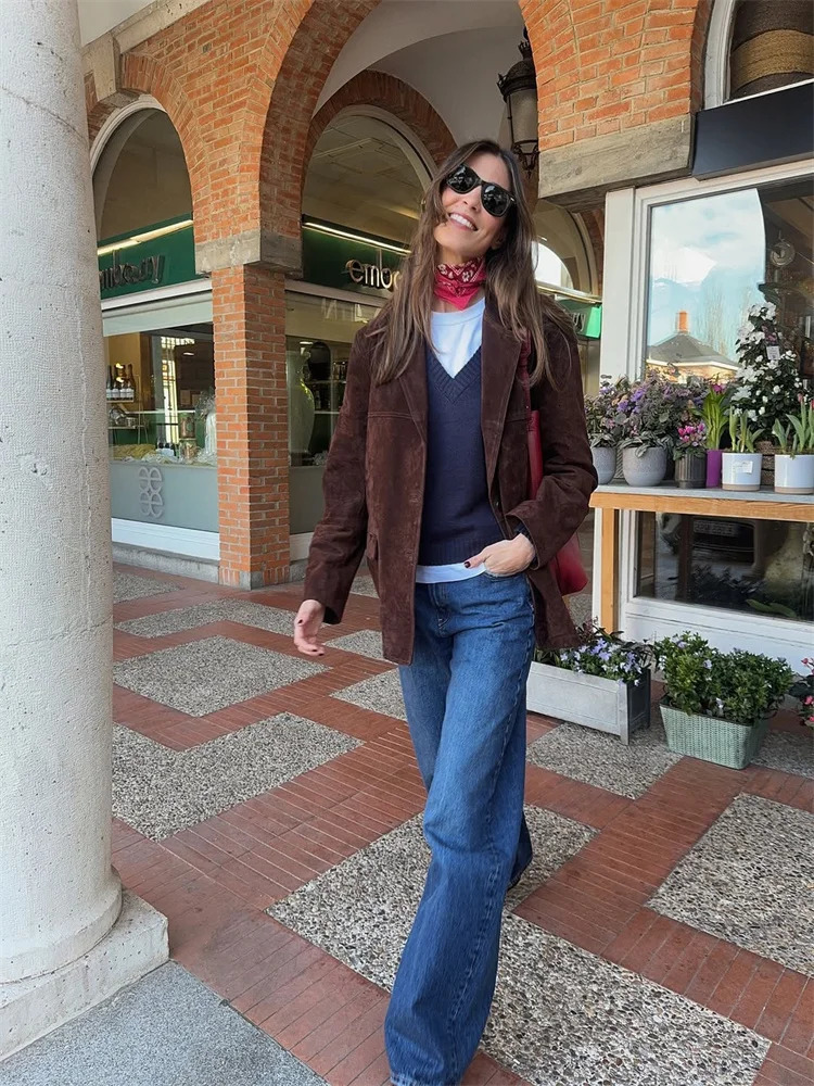 Women s Suede jacket Vintage Laple Full Sleeve Pockets Thicken Outwears Female Spring Fashion Lady Demi-season jacket 250805