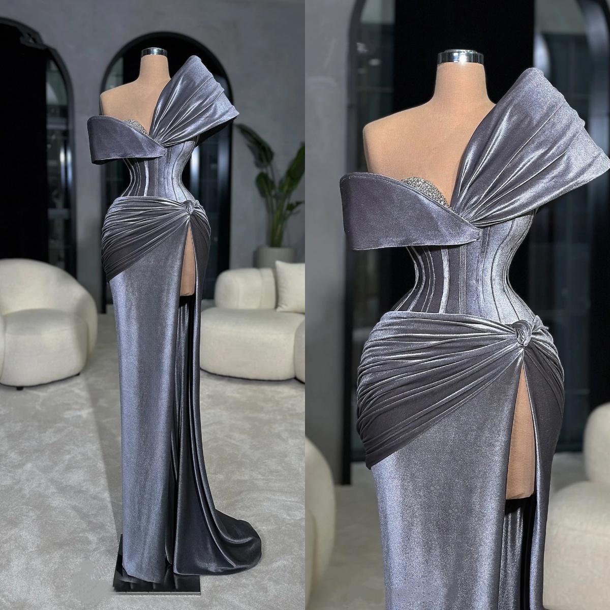 Vintage Evening Dresses One Shoulder Velvet Prom Gowns Rhinestone High Split Slim Floor Length Customized Party Vestidos De Noche Plus Size