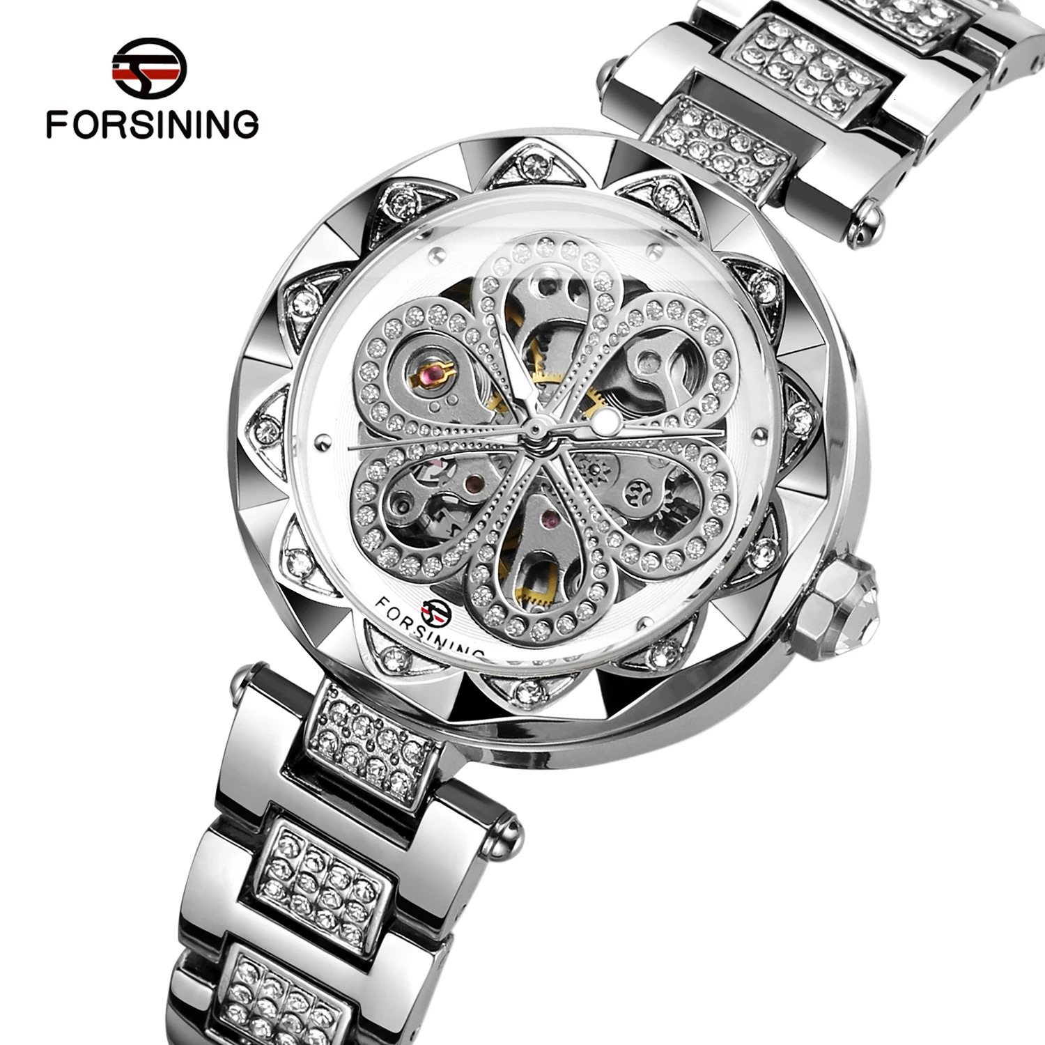 FORSINING Retro Elegant Women Automatic Mechanical Watch Skeleton Rhinestone Luminous Stainless Steel Stylish Female Wristwatch 250807