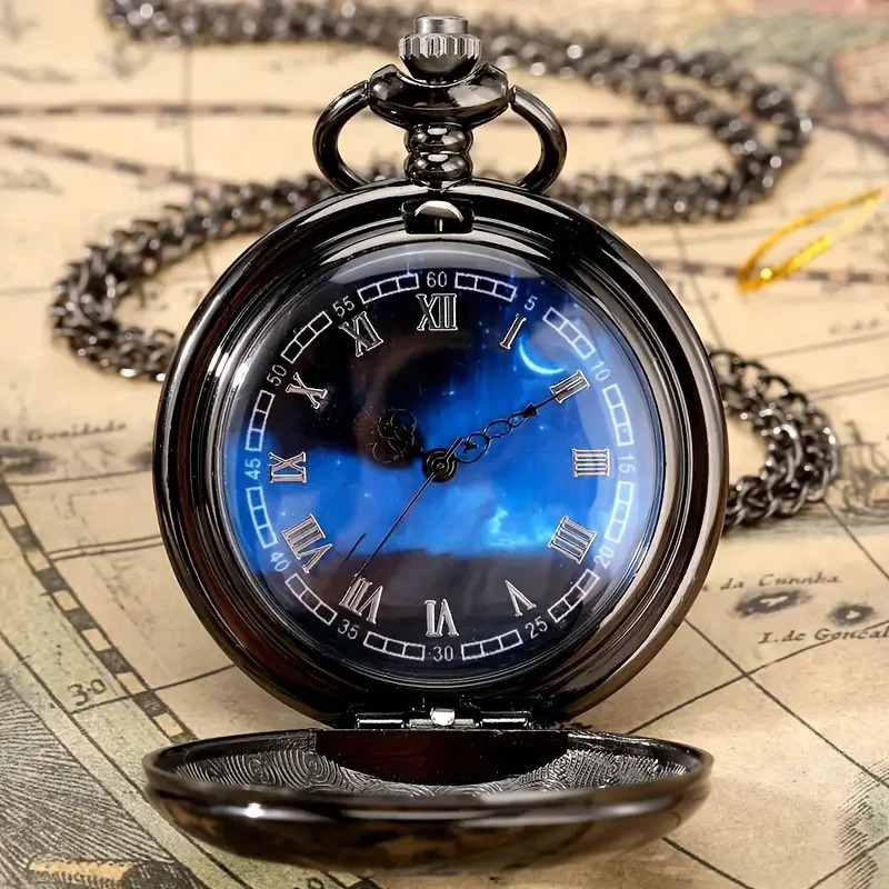 Starry Blue Dial Pendant Bronze Hollow Quartz Pocket Watch Roman Numerals Retro Watch 250807