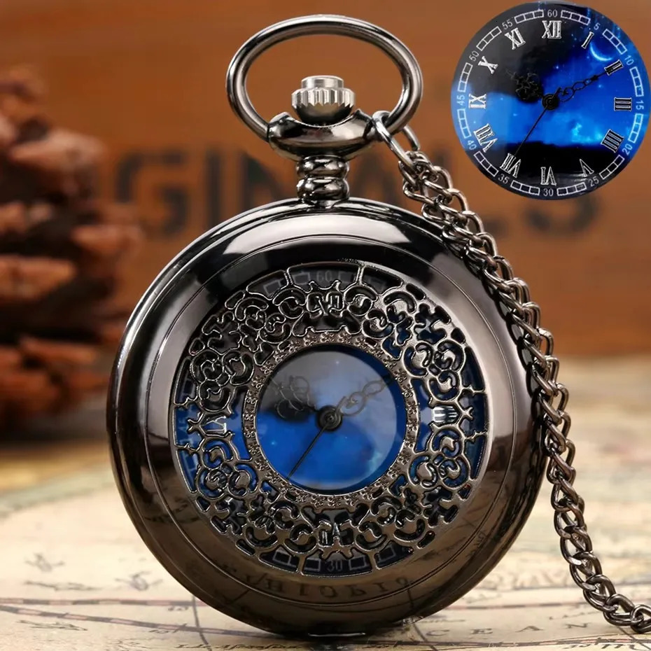 Starry Blue Dial Pendant Bronze Hollow Quartz Pocket Watch Roman Numerals Retro Watch 250807