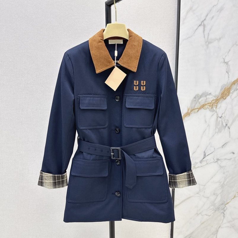 Designer Womens Trenchcoat Multipockets Single Breasted Windbreaker Jacket With Belt Luxury Color Blocked Corduroy Collar Jackets