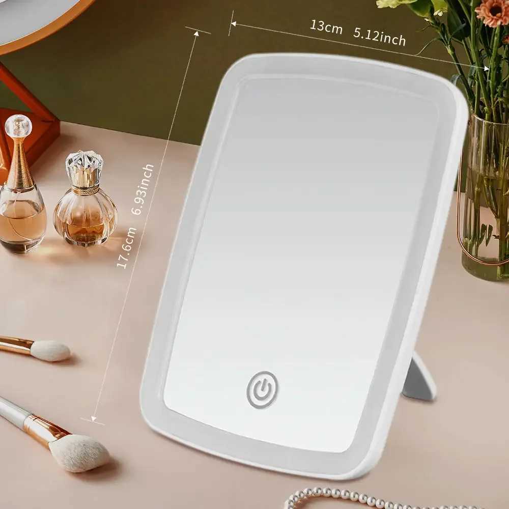 LED Makeup Mini Mirror with Stand Desktop Folding Compact White Square Travel Makeup Mirror with Light Dry Battery and USB Plug Z250807
