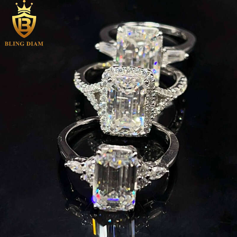 Women Jewelry Engagement Gift Ring Sterling Sier VVS Moissanite Big Dia Emerald Cut Rings