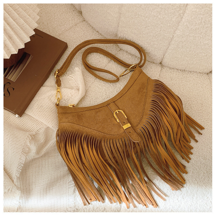 Casual Versatile Tassel Large Capacity Rivet Trendy Grassland Mongolian Denim Single Shoulder Crossbody Womens Bag240820