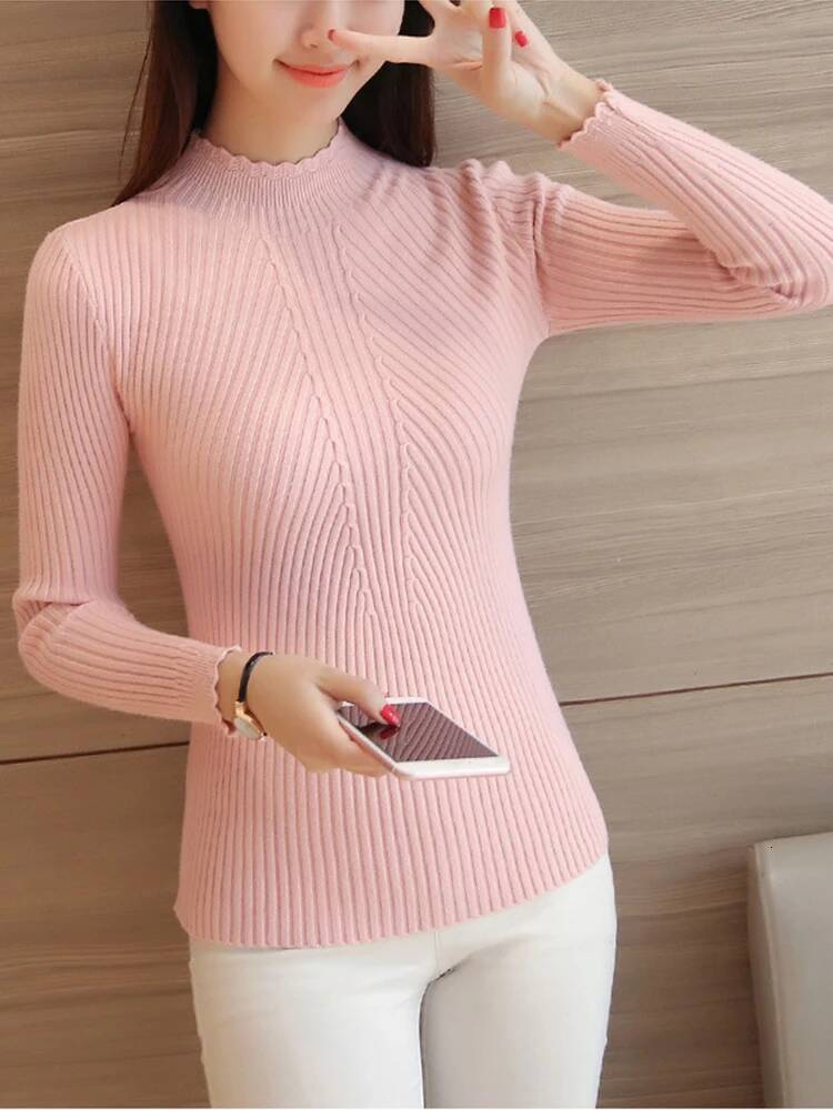 2025 Autumn Mock Neck Ruffles Long Sleeve Knitted Bottoming Solid Pullovers Stripe Women Casual Sweater Winter dongdumaoyi