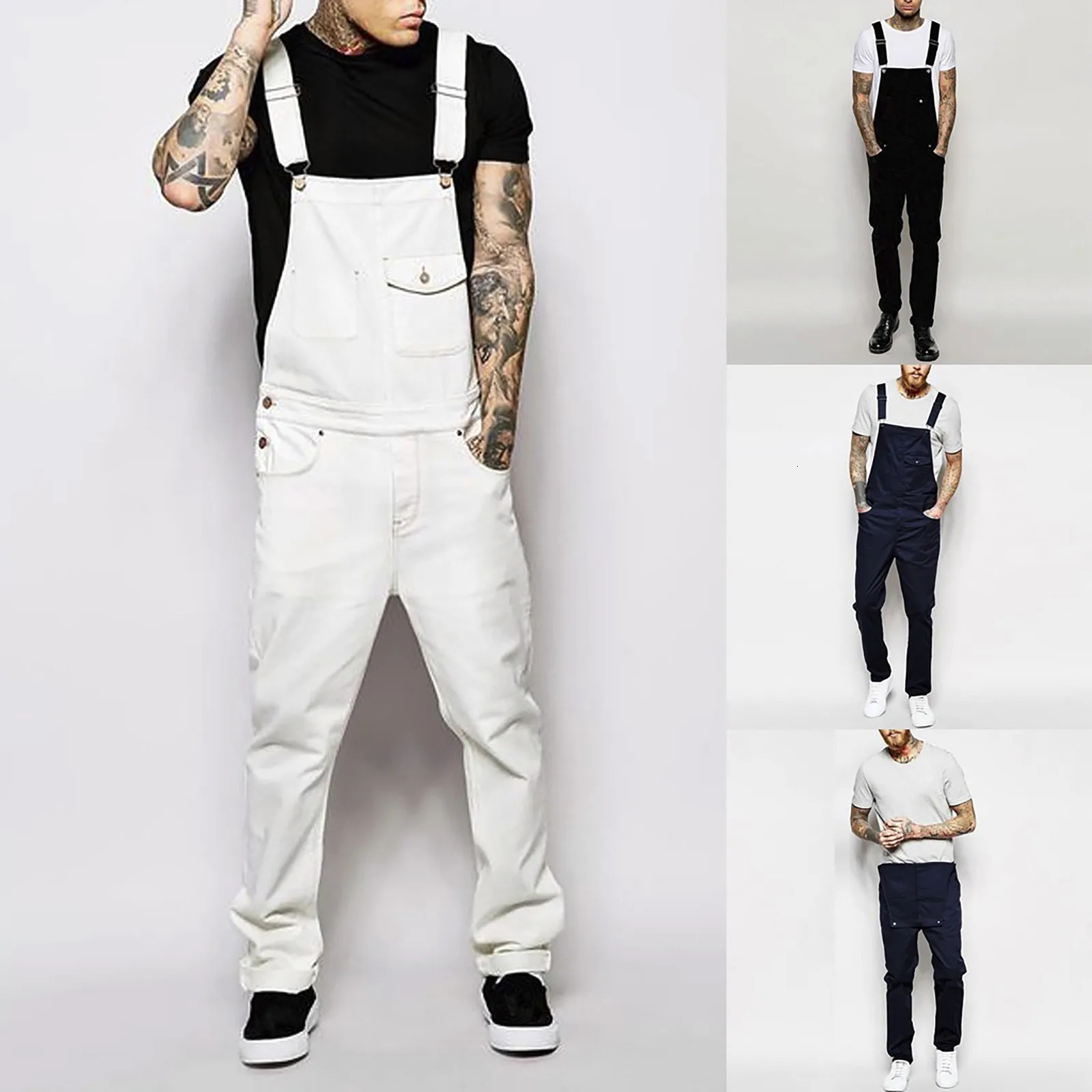 Fashion Mens Ripped Jeans Jumpsuits Ankle Length Letter Printing Distressed Denim Bib Overalls For Men Suspender Pants 250804