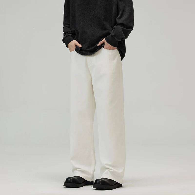 100% Cotton Men's Baggy Straight Jeans Comfortable Soft Casual Pants Fashion Korean White Brown Denim Trousers Male Clothing