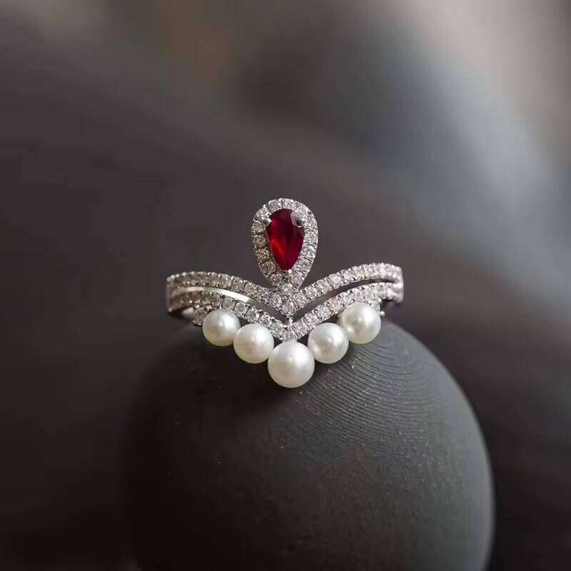 Jewelry Unique Design Natural Pearl Big Red Stone Ruby D Color VVS Moissanite White Gold Rings for Gift