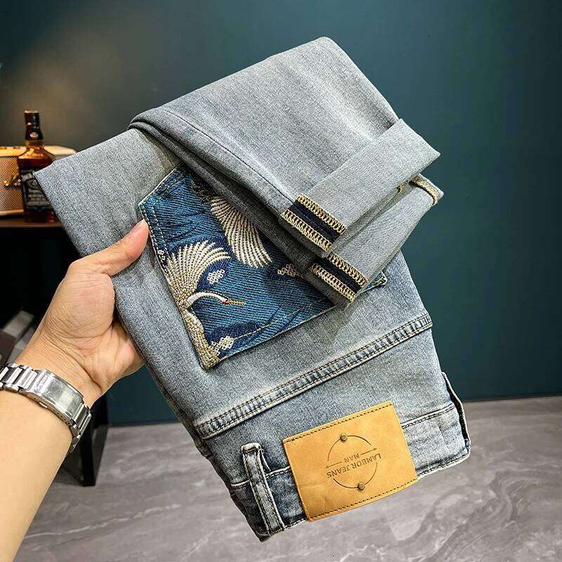 LB8518 Light trend embroidery jeans men's Slim small feet new tide elastic leisure hundred trousers