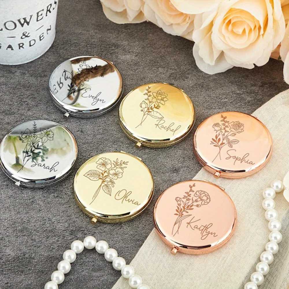 Engraved Compact Mirror with Birth Flower Design Elegant Portable Pocket Mirror for Her Custom Name Personalized Birthday Gift Z250807