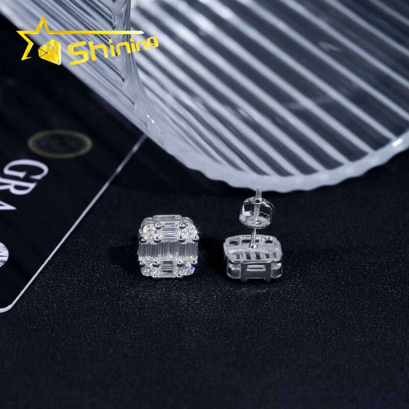 Ready to Ship Hip Hop Jewelry Pass Tester Sterling Sier VVS Moissanite Dia Classic Baguette Stud Earrings
