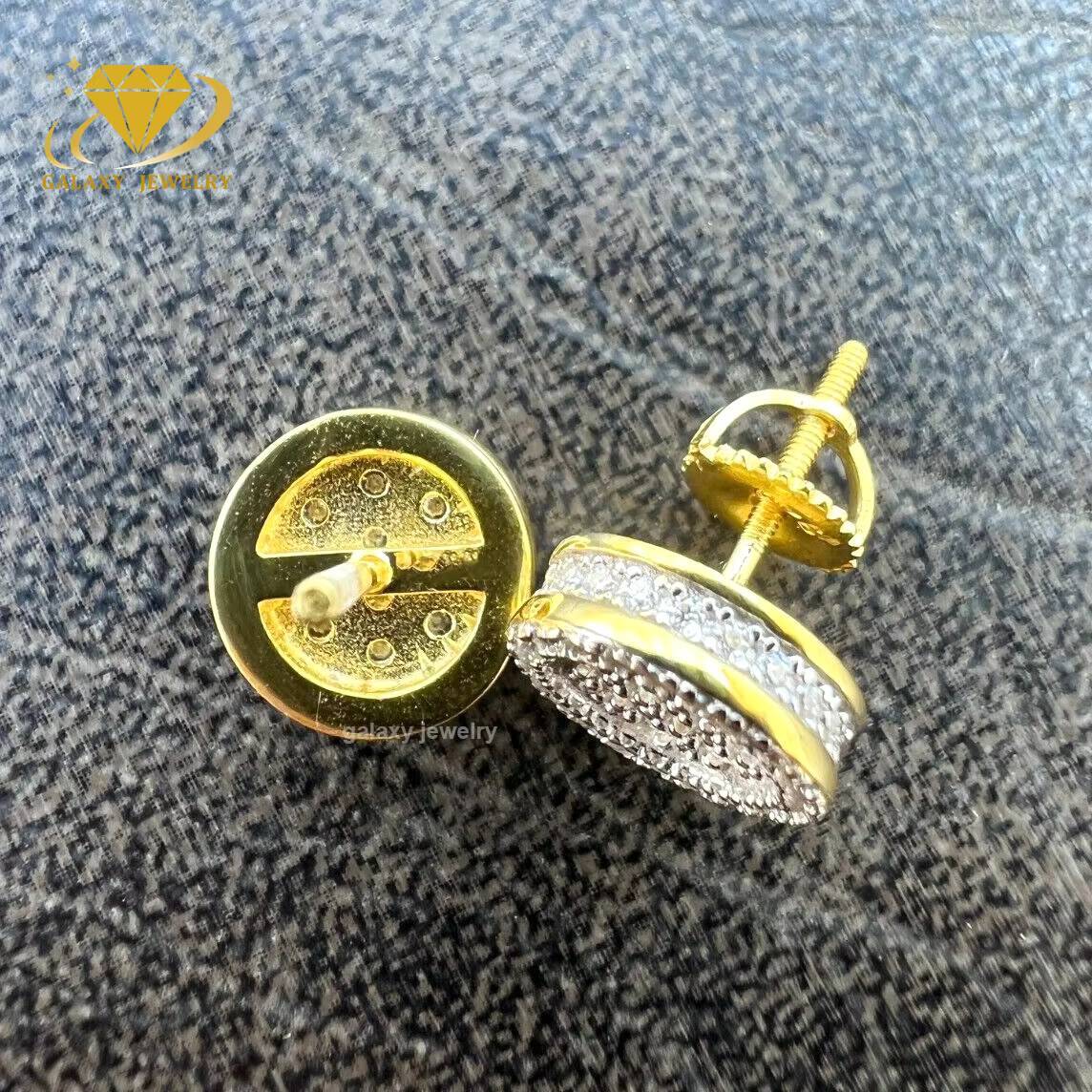 100% Pass Diamond Tester Real Iced Out Moissanite 925 Silver Gold Plated Unisex Hip Hop Round Earrings Studs