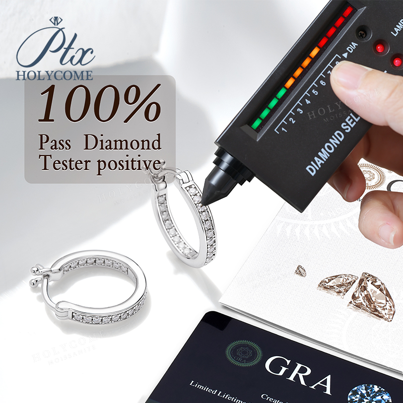 Moissanite Hoop Earrings For Women D Color Original 925 Sterling Silver Jewelry Classic Women's Full Moissanite Diamond Huggie Earrings