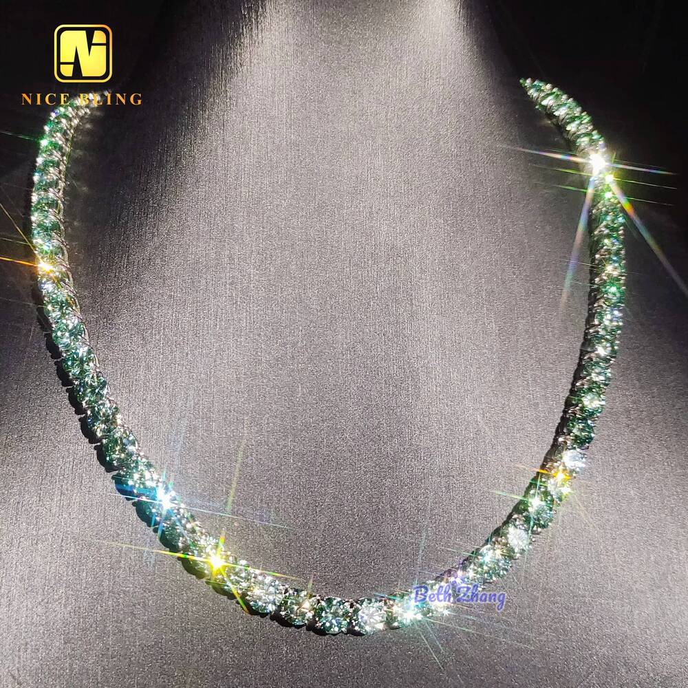 Trendy Hip Hop Tennis Chain 925 Silver Jewelry Fashion 5mm Blue Green Moissanite Tennis Necklace Bracelets for Men and Women