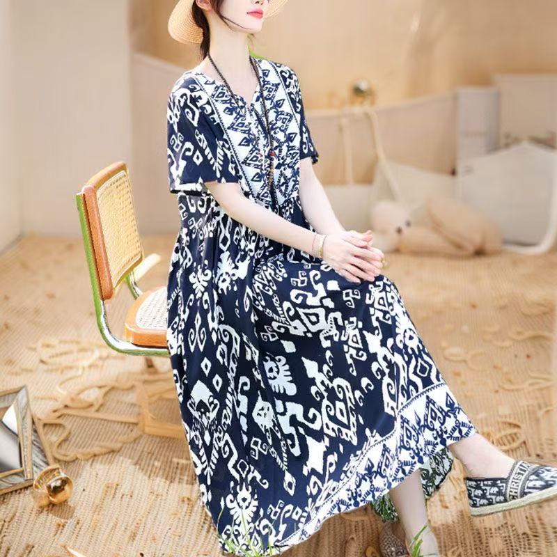 plus size women's new long sleeve high waist printed banquet dress mid-length skirt D02469