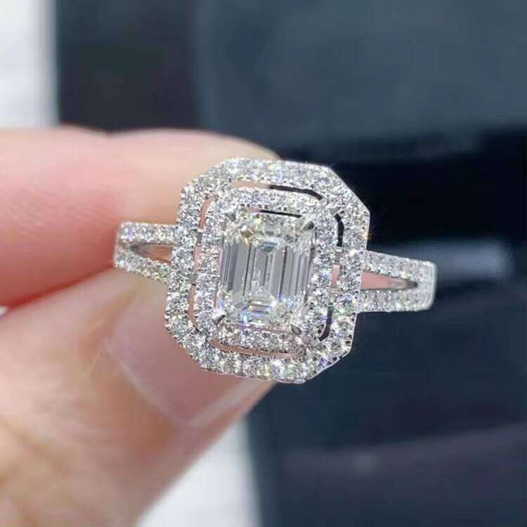 A White Gold 1CT Emerald Cut Moissanite Centre Gem with Double Halo Wedding Ring Women