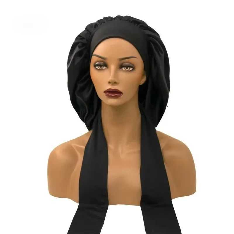 Women Night Sleep Hair Caps Silky Bonnet Satin Double Layer Adjustable Head Cover Hat for Curly Springy Hair Styling Accessories Z250808