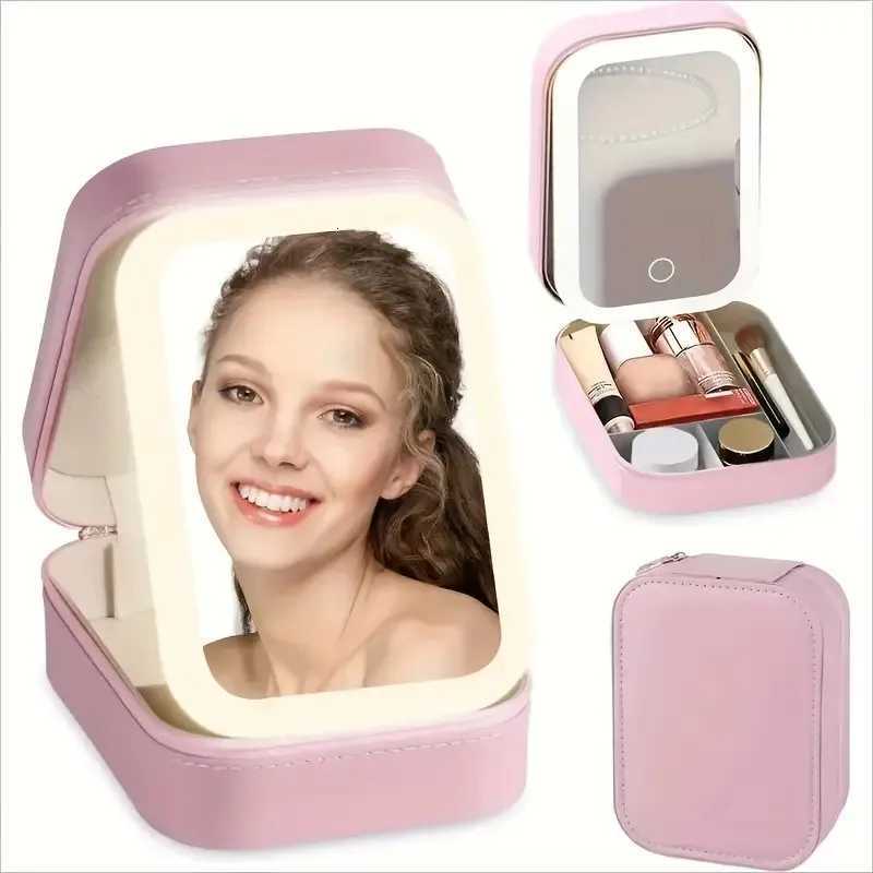 LED Travel Makeup Mirror with USB Charging Foldable Cosmetic Organizer Jewelry Pink Faux Leather Portable Beauty Case for Women Z250807