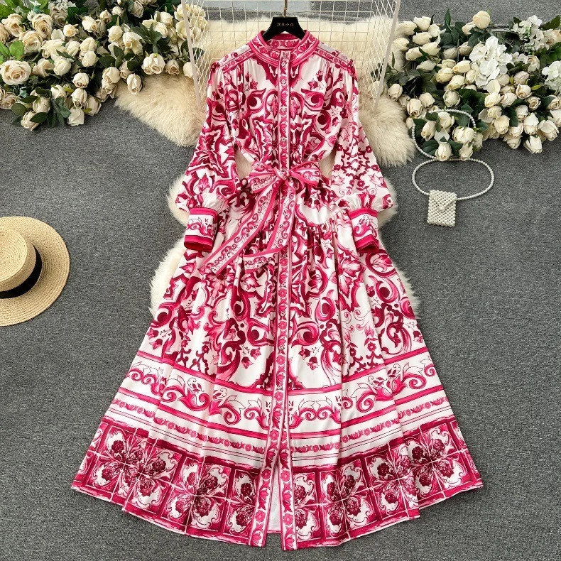 JAMERARY Runway Red Blue White Porcelain Print Holiday Maxi Dress Womens Stand Single Breasted Loose Lace Up Belt Long Vestido 250728
