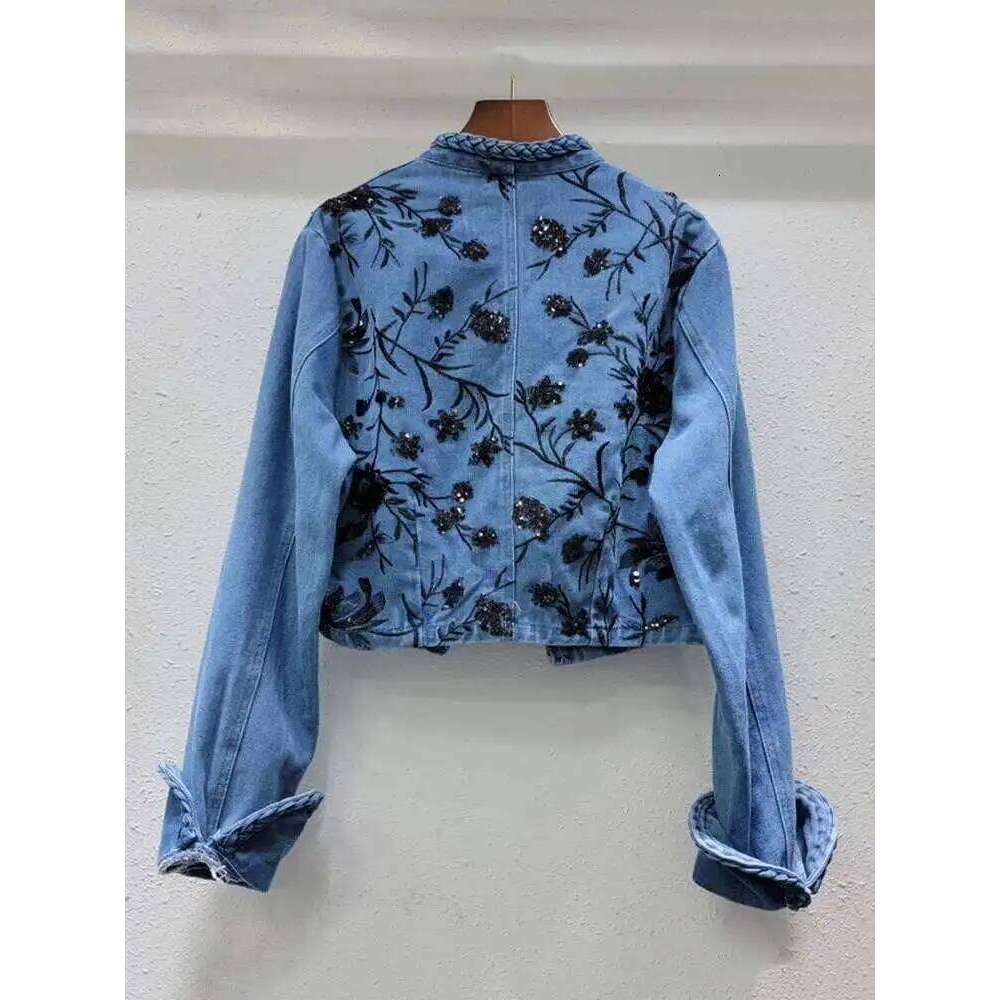 Trendy New Items Women's Embroidery Sequins Denim Coat Summer Fashion V-neck Long Sleeves Jacket Female