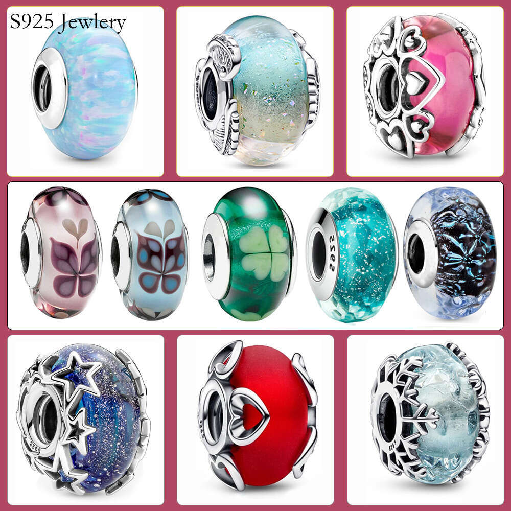 New 925 Sterling Silver Murano Colored Glass Beads Feather Charm Fit Bracelet Girls Fine Jewelry Gifts