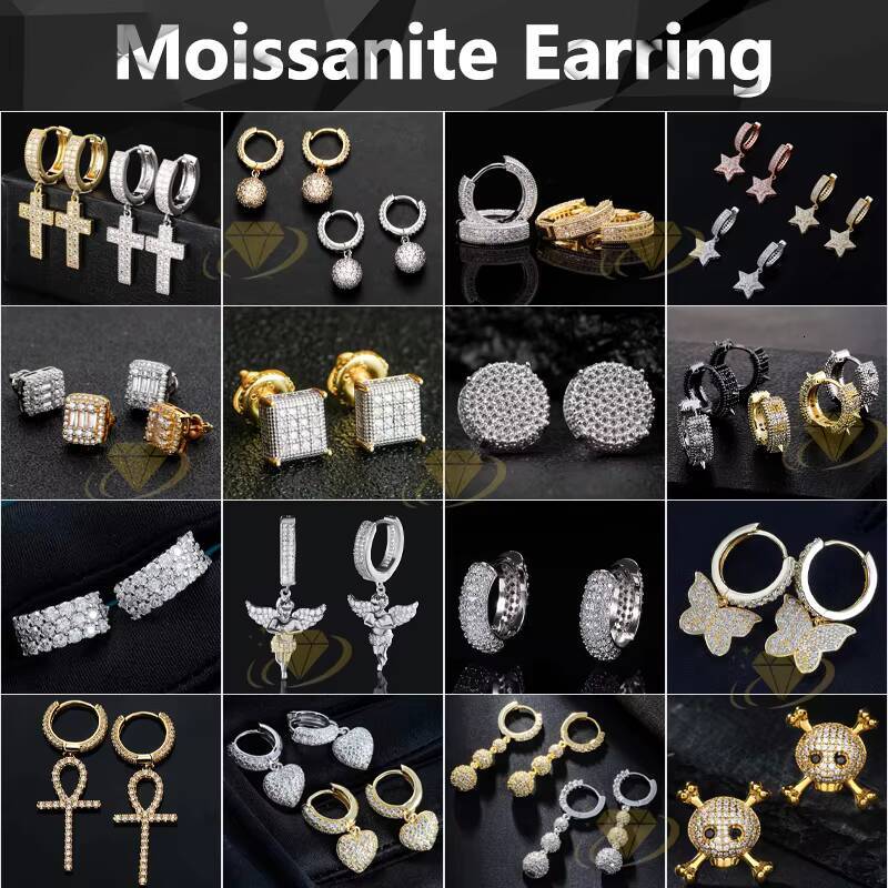 Hip Hop Studs Earrings Hot Sale Iced Out Jewelry 925 Sterling Silver Mens Round Diamond Moissanite Stud Earring