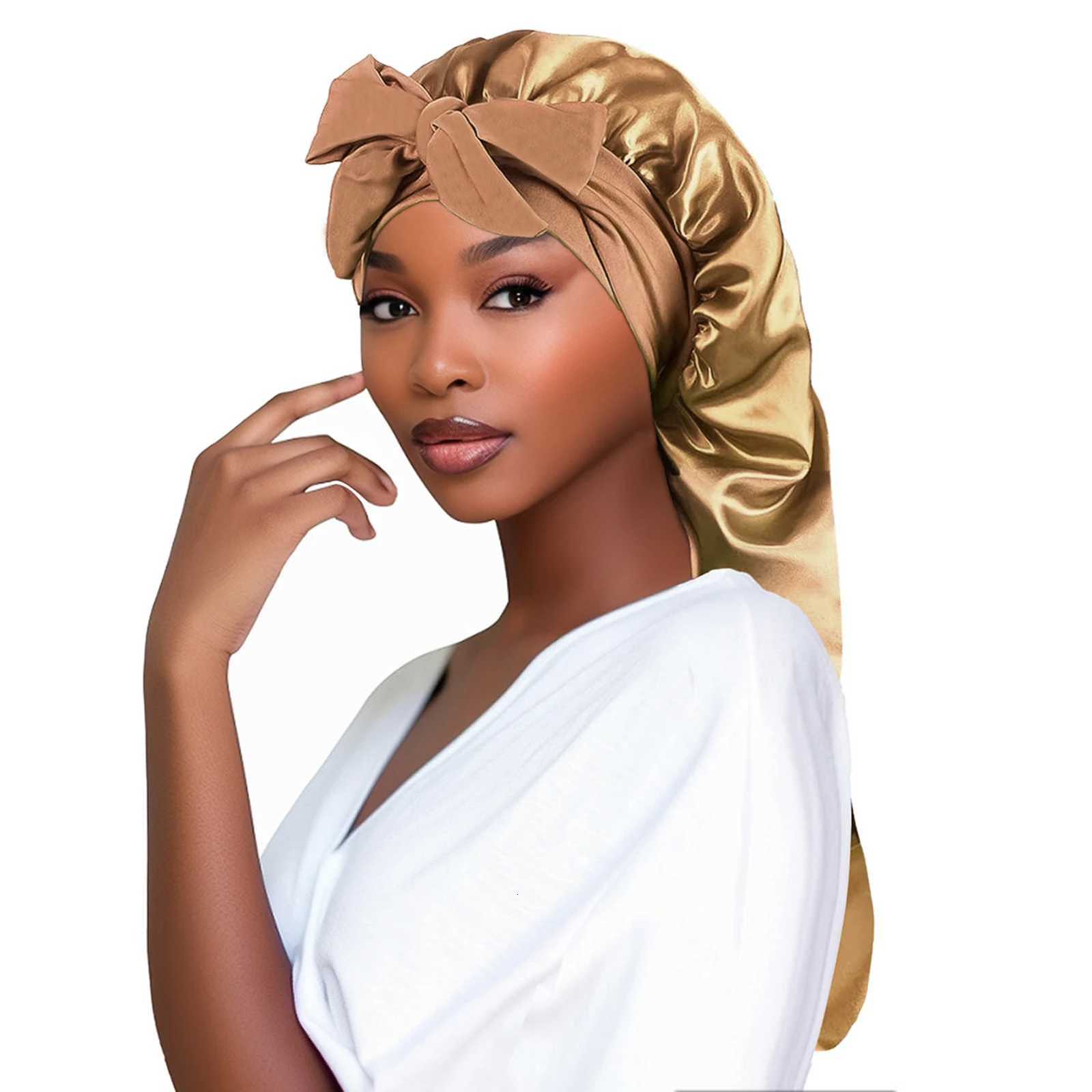 Women Bonnet Satin Sleeping Hat Long Tail Braid Hair Night Sleep Cap Head Cover Bonnets Shower Caps For Sauna Bathing Bonnet Z250808