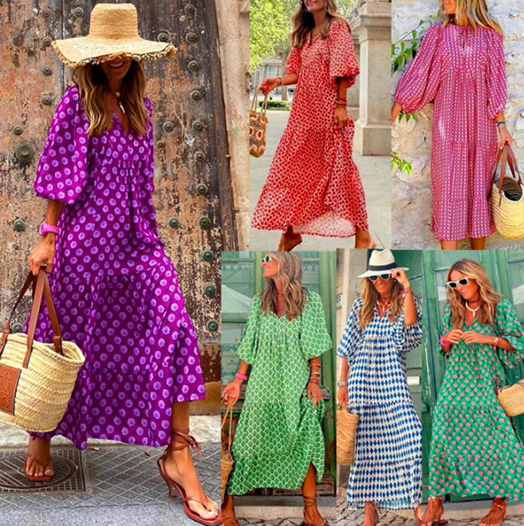 Womens Autumn Long Dress V-neck Geometric Patchwork Puff Sleeves Printed Multi-color Dress Street Bombing Womens Clothing 250728
