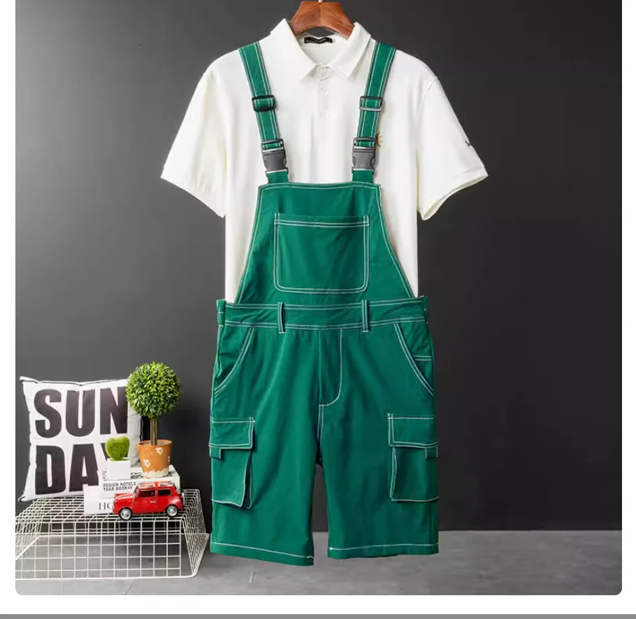 2024Summer men Bib overalls strap pants candy color multi pockets short suspender romper costume joggers Cargo Overalls 250804