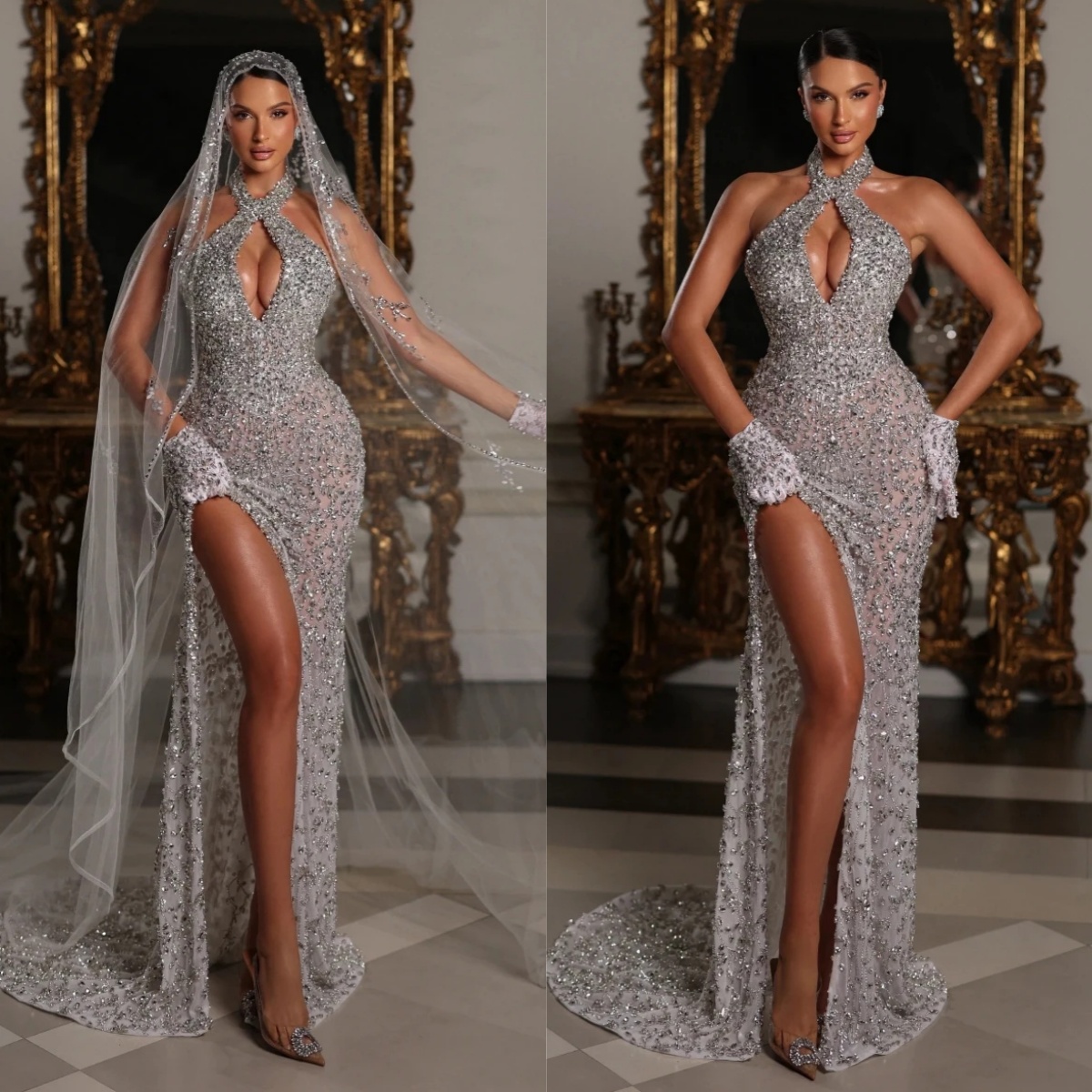 Luxury High Neck Crystal Mermaid Evening Gown Elegant Sleeveless Beaded Lace Prom Dress Side Split Party Gown Customized