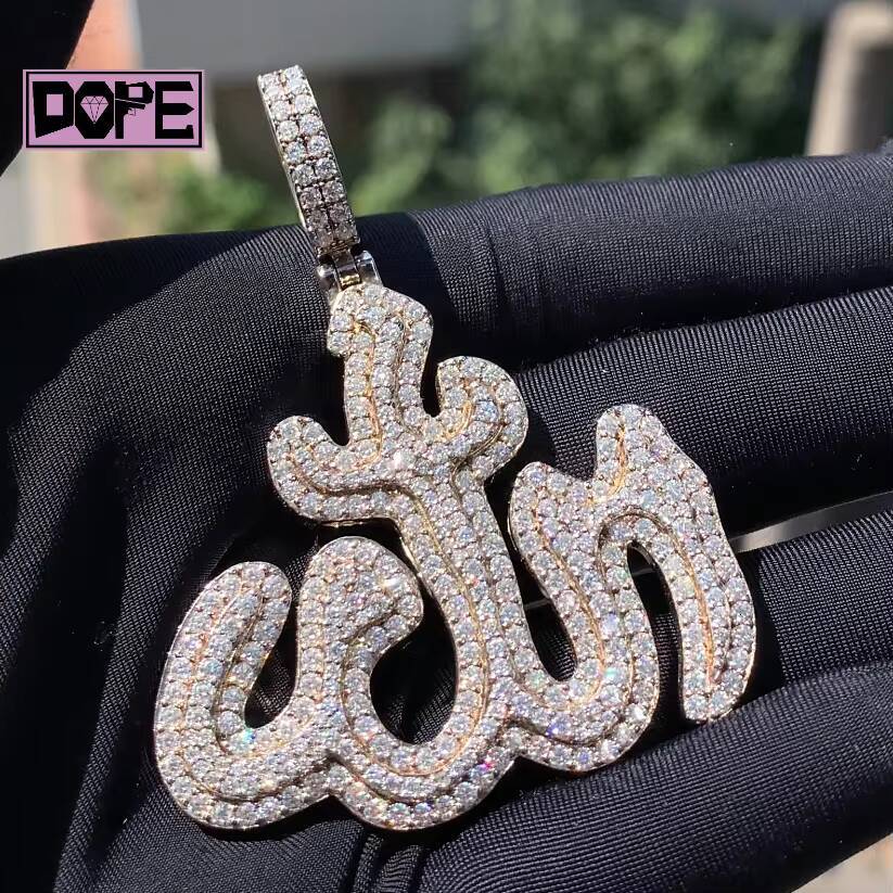 925 Silver Iced Out Moissanite Pendant Arabic Allah Pass Diamond Tester VVS Custom Moissanite Pendant