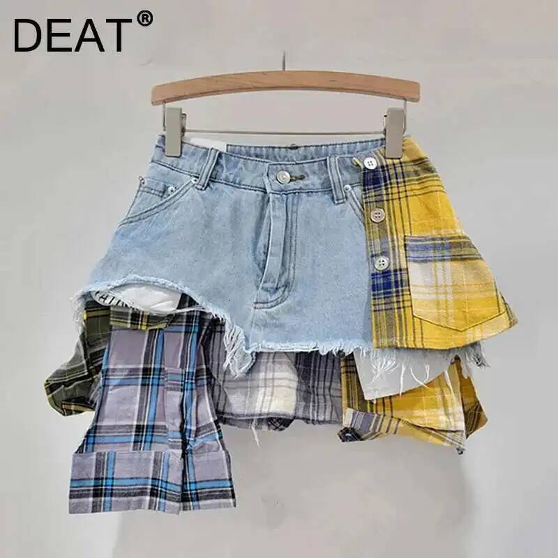 2025 Summer New Women's DEAT Grid Patch Irregular Design Mini Cowboy Skirt Women's High Waist Mini A-line Skirt Summer Fashion L trend H New