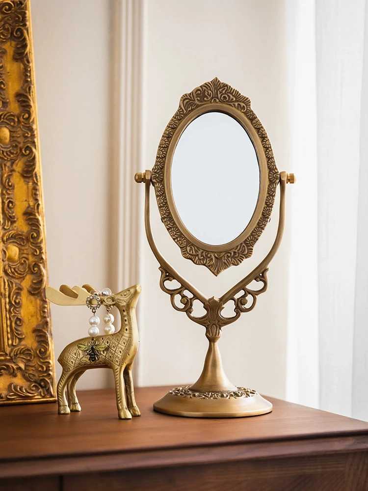 Retro Brass Tabletop Swing Mirror Oval Engraved Pattern Antique Gold Boutique Mirror Vanity Adjustable Desk Dress-up Mirror Z250807