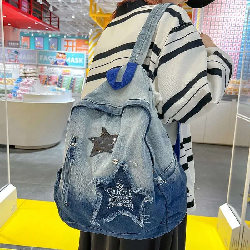 Y2K Korean Casual Denim Backpack Fashion Star Pattern Large Capacity Student Schoolbag Teenagers Vintage Punk Travel Book Bag 250807