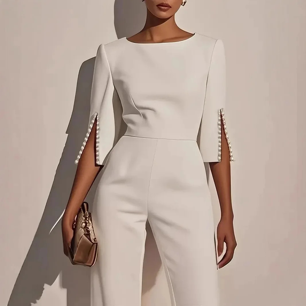 Women Elegant Fashion Beaded Slim Solid Color Jumpsuit Ladies Spring Autumn Casual Half Sleeve Long 250807