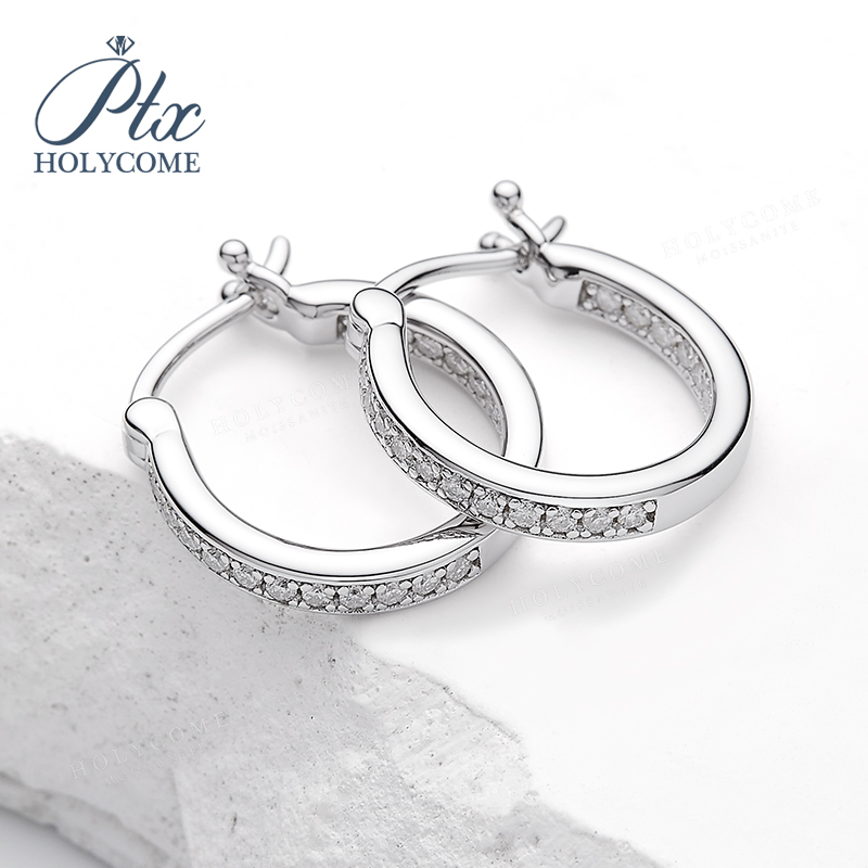 Moissanite Hoop Earrings For Women D Color Original 925 Sterling Silver Jewelry Classic Women's Full Moissanite Diamond Huggie Earrings