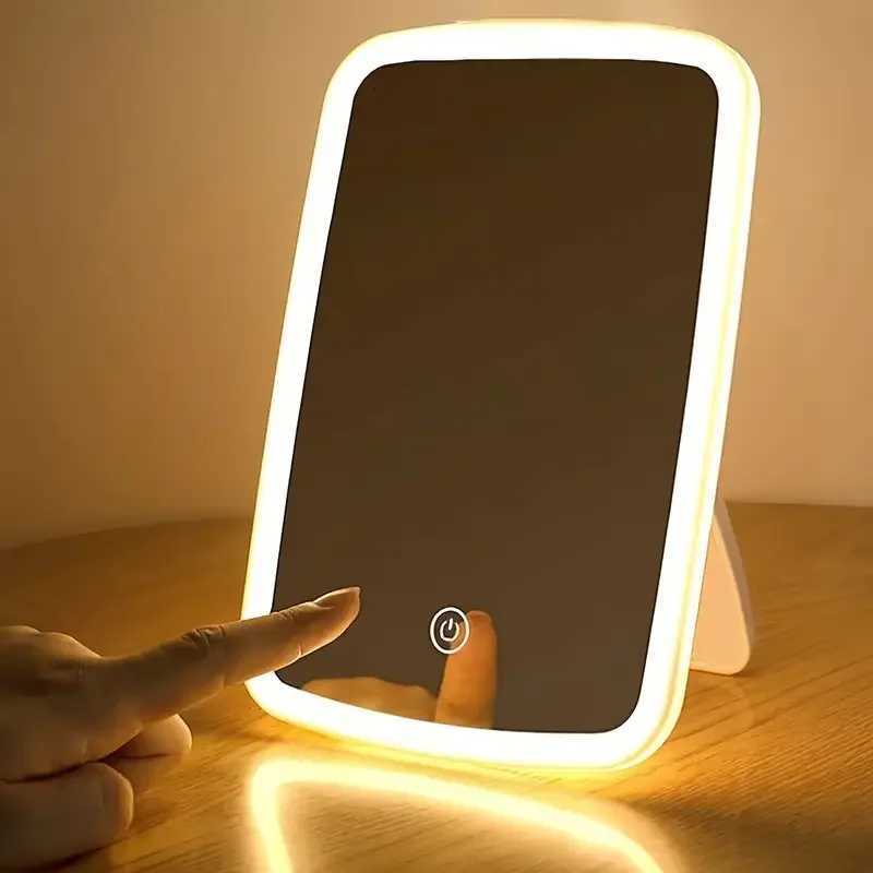 LED Makeup Mini Mirror with Stand Desktop Folding Compact White Square Travel Makeup Mirror with Light Dry Battery and USB Plug Z250807