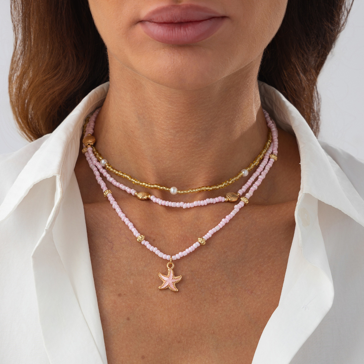 European American Beach Inspired Unique Oil Drip Small Starfish Pendant Necklace Bohemian Beaded Strand Jewelry for Women