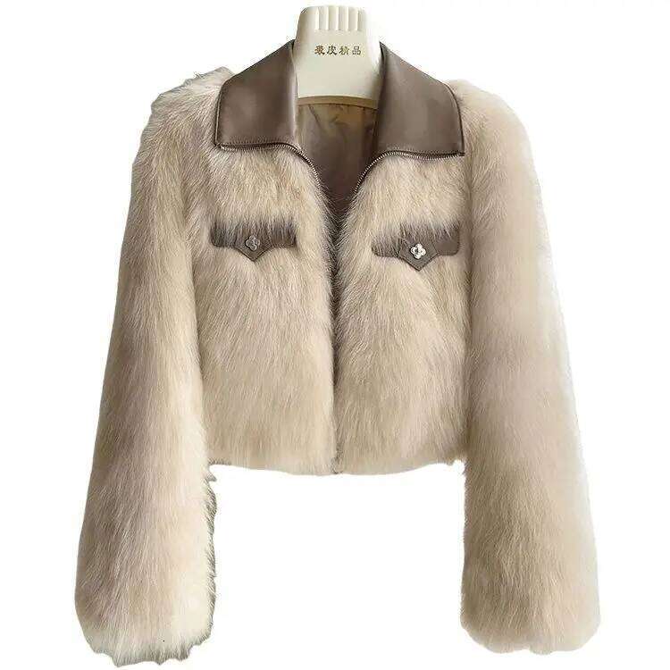 Spring and Autumn Korean Chic Polo Collar Loose Clothing Winter Coat Faux Fox Fur Plush Short Jackets Women Tops