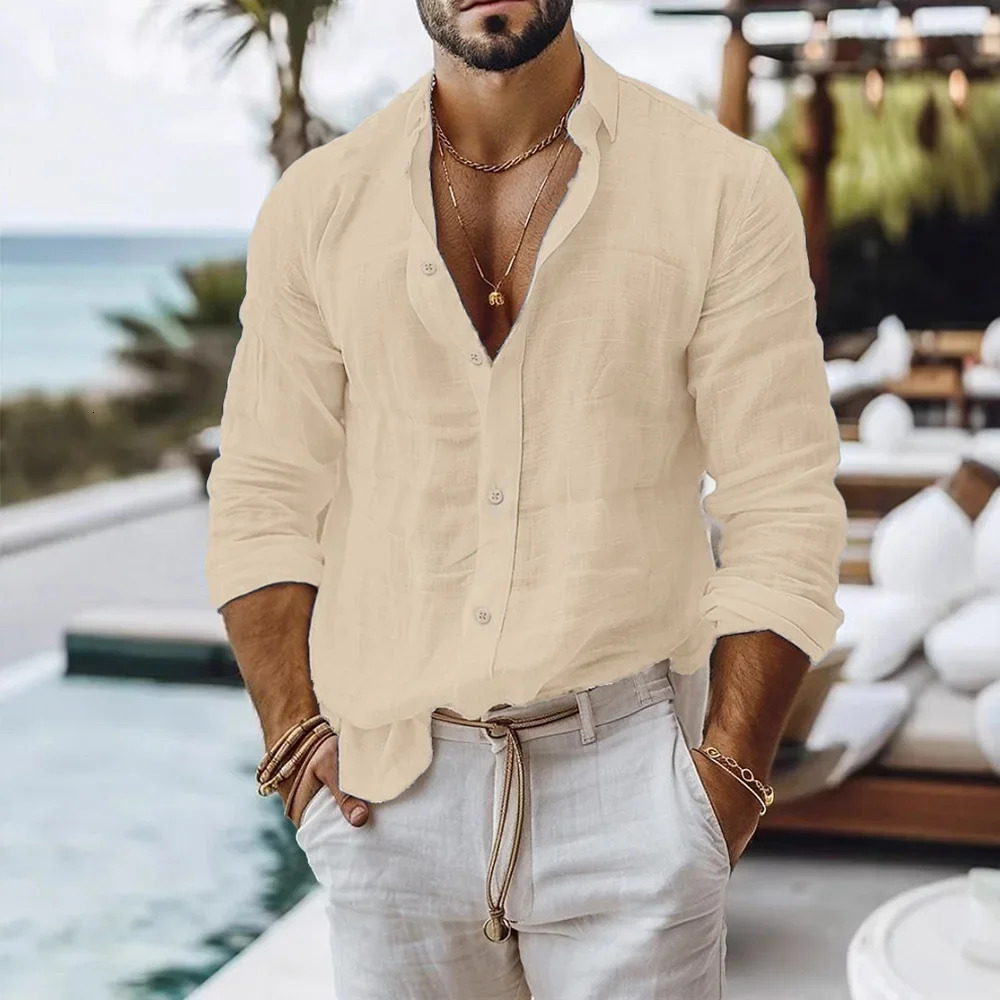 Cotton Linen Shirt for Men Summer Beach Style Solid Color Single Breasted Breathable Shirts Lightweight Stylish Button Tops 250805