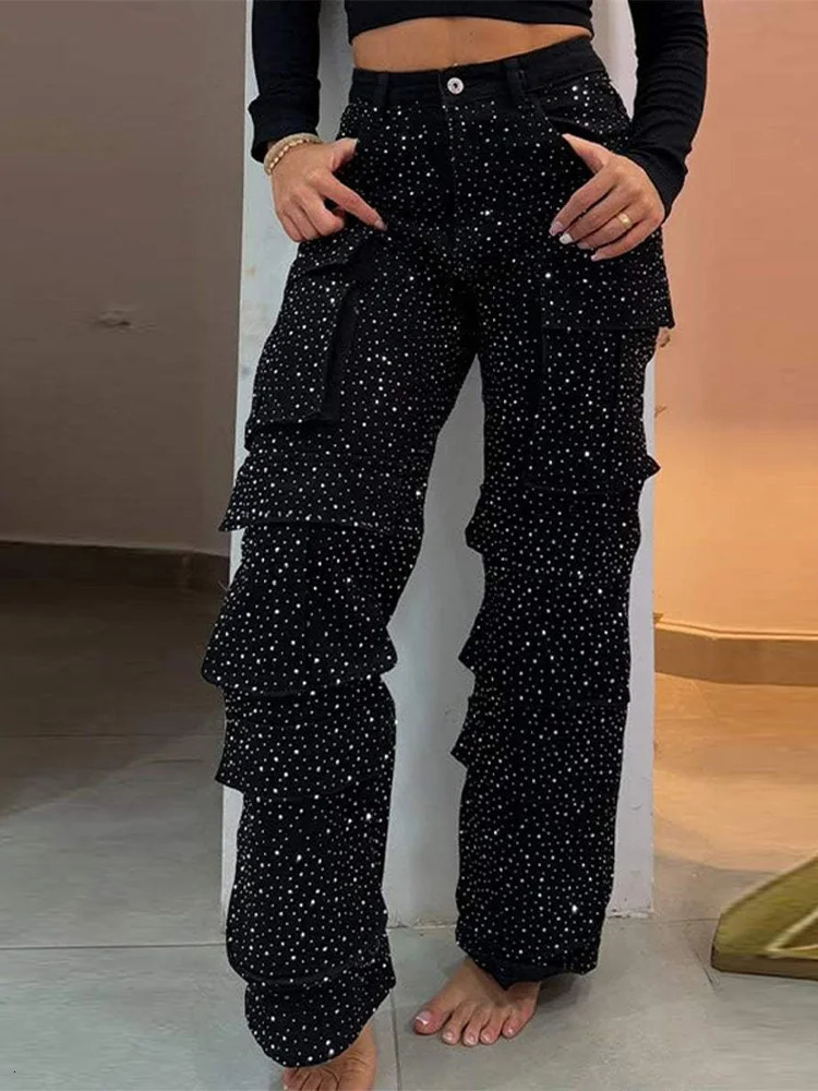 Plus Size Womens High Waist Cargo Denim Jeans With Full Rhinestones Sparkling Casual Baggy Pants Streetwear Chic Daily Trousers 250804
