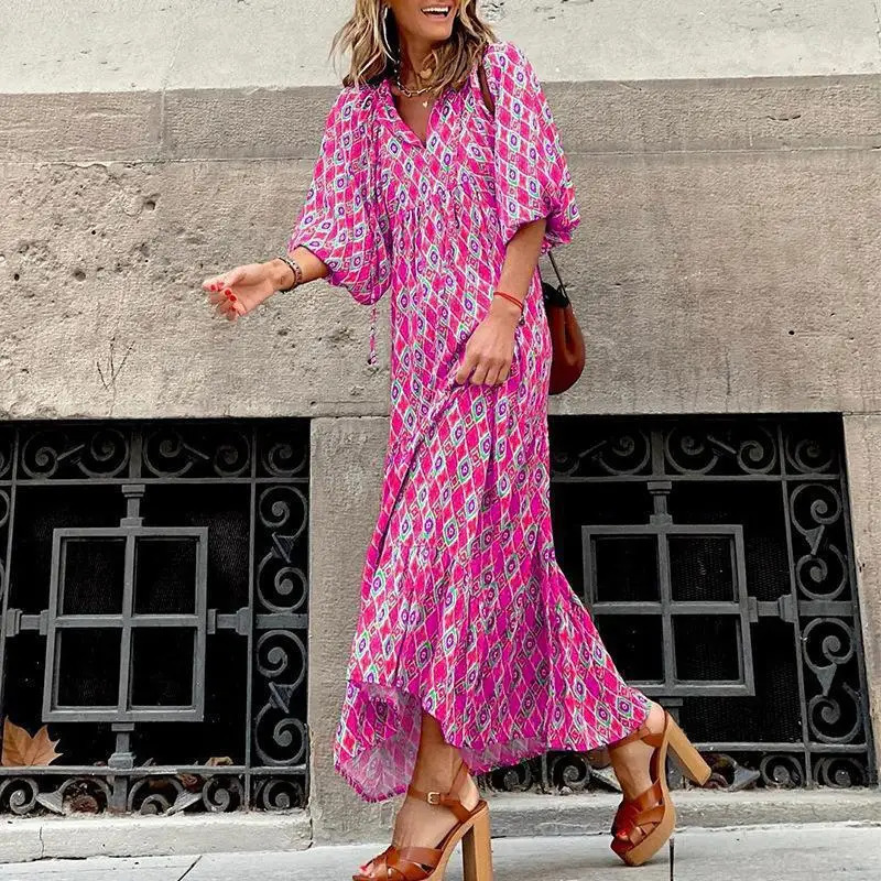 Womens Autumn Long Dress V-neck Geometric Patchwork Puff Sleeves Printed Multi-color Dress Street Bombing Womens Clothing 250728