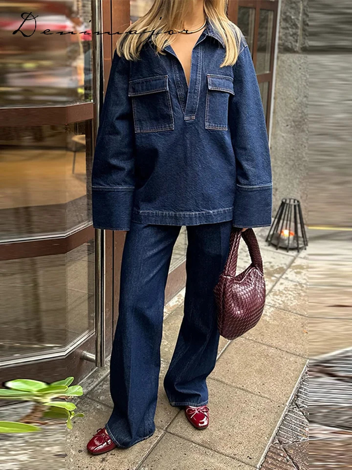 Street Loose Jeans Suits Women Solid Lapel Full Sleeve Pockets Top High Waist Wide Leg Pants 2025 Spring Chic Casual Lady Sets 250804