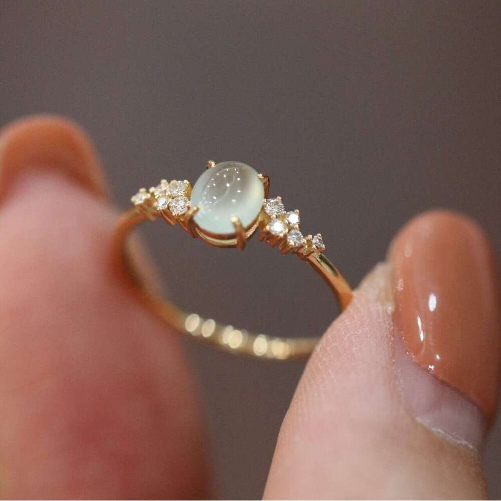 New High-End Romantic White Chalcedony Same Style Open Luxury Inlaid with Cabochon Ice Type Versatile Ring