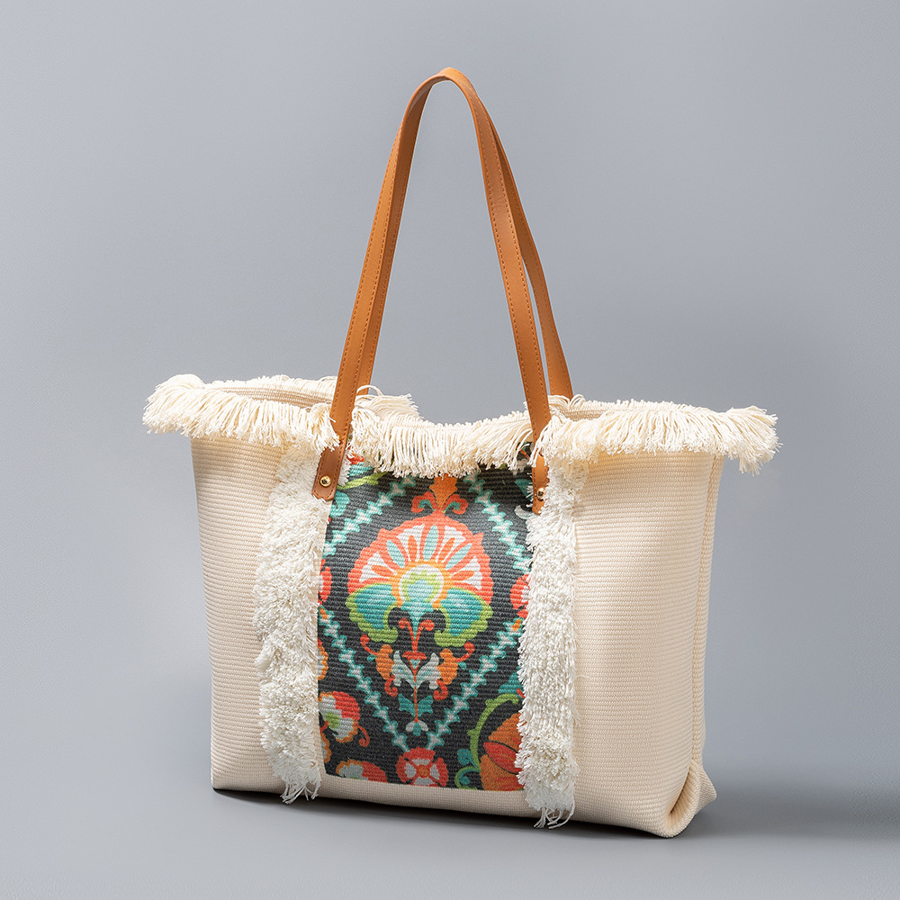 Free Shipping Designer Bag Canvas Bag Large Capacity Women's Tote Bag Four-sided Tassel Luxury Bag Handbag Niche Design Ethnic Style Shoulder Bag