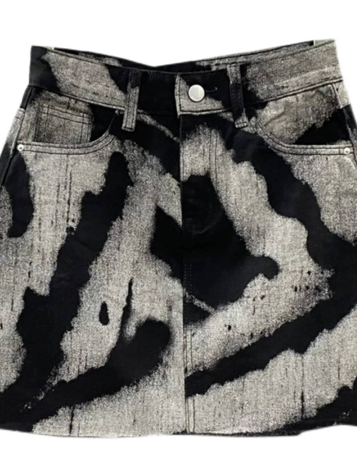 2025 black gray trend tie dye denim short skirt, high waist personalized pattern denim skirt, tassel A-line skirt, fashionable versatile skirt, new de